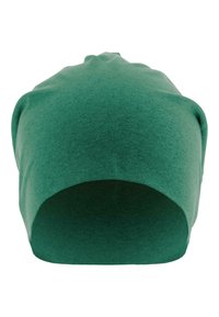 Green, knitted beanie with a soft texture and a slouchy design. The opening is wide, tapering towards the top. No visible seams or accents.