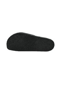 Black shoe insole with a curved shape, made of textured material, featuring a smooth surface, and a slight padding for comfort.