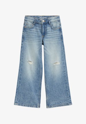 Jean bleu clair à jambes larges avec des déchirures usées sur les deux jambes et une fermeture à bouton étiquetée Blue Ridge.