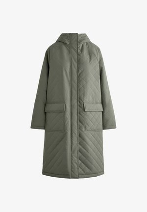 Cappotto lungo verde trapuntato con cappuccio, dotato di due tasche anteriori a toppa e un motivo a rombi. Realizzato in un morbido tessuto testurizzato.