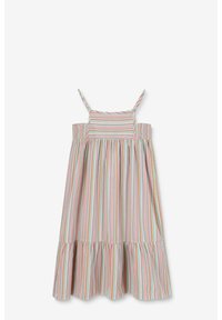 Gestreiftes Kleid mit verstellbaren Spaghetti-Trägern; verfügt über ein gerafftes Oberteil und einen ausgestellten Rock. Die Farben umfassen rosa, grüne und blaue Streifen.