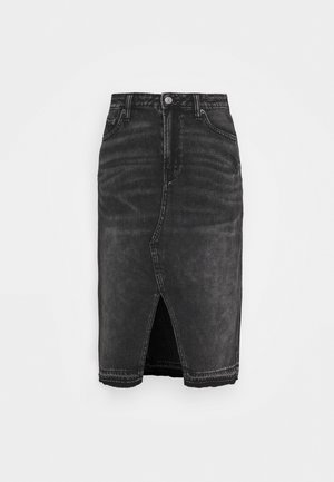 Schwarzer Denim-Knielanger Rock mit Frontschlitz, Knopfverschluss, Gürtelschlaufen und Fronttaschen.