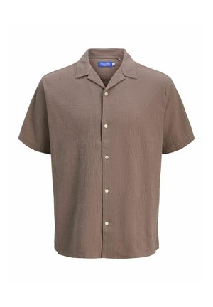 Smešvana smeđa košulja kratkih rukava s teksturiranim materijalom, s dugim gumbima sprijeda i klasičnim dizajnom ovratnika.