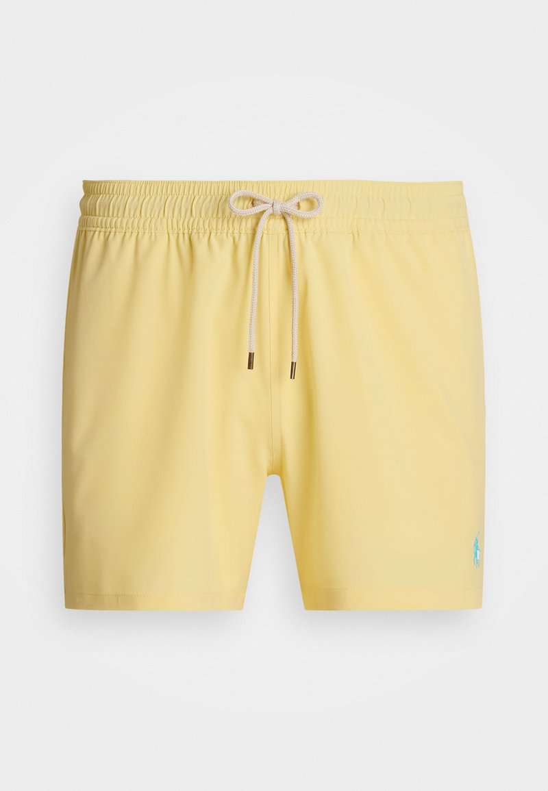 Yellow swim shorts made of lightweight fabric, featuring an elastic waistband with drawstring, and a small blue logo on the lower right side.