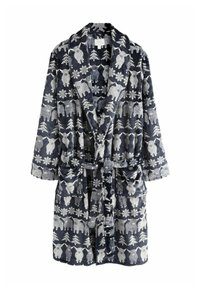 Rochie de baie bleu navy, din material pufos, cu un design modelat ce prezintă copaci și animale în alb. Include buzunare și o centură asortată pentru închidere.