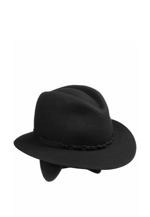 Black fedora hat with a wide brim and braided band, featuring foldable ear flaps, shown against a plain white background.