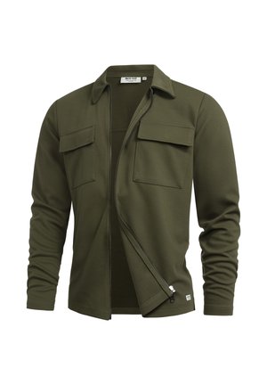 Olive green long-sleeve shirt jacket with collar, two chest flap pockets, and front zipper partially open.