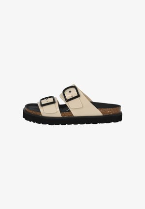 Tan and black slide sandals with two adjustable straps, made of glossy material. Features a cork footbed and a textured black outsole.