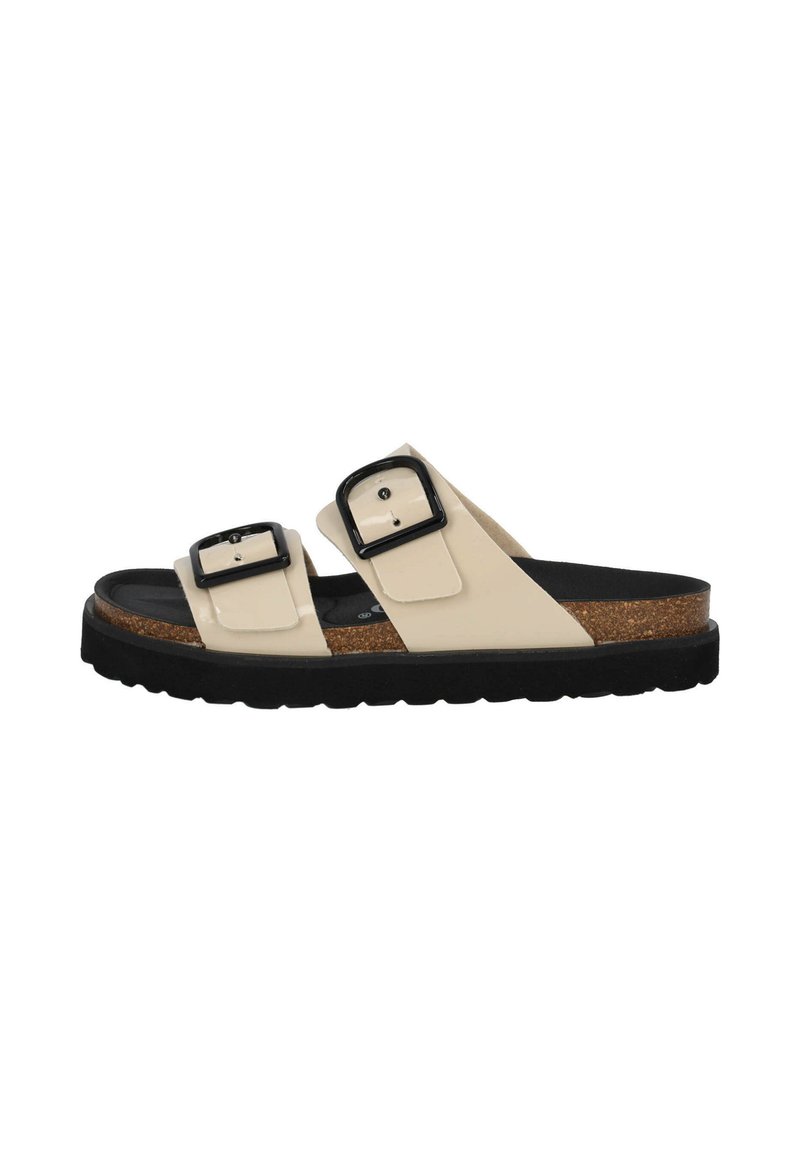 Bruine en zwarte slide-sandalen met twee verstelbare banden, gemaakt van glanzend materiaal. Beschikt over een kurken voetbed en een gestructureerde zwarte loopzool.
