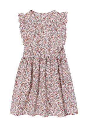 Weißes, ärmelloses Kleid mit pink-orangenem Blumenmuster, Rüschen an den Schultern und tailliertem Bund.