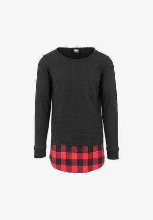 Schwarzes Langarmoberteil mit Rundhals besitzt einen rot-schwarzen karierten Saum. Weiches Material, mit gerippten Bündchen und asymmetrischem Design.