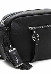 Black leather crossbody bag featuring a textured finish, silver hardware, a zippered pocket, and a decorative tassel accent.