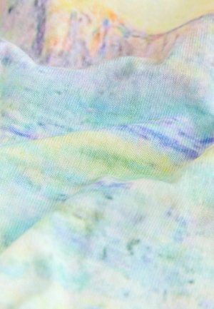 Lightweight, textured fabric with a pastel color palette featuring soft greens, blues, and hints of yellow; abstract, watercolor-like patterns.