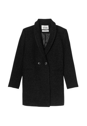 Blazer noir en mélange de laine avec col châle, design double poitrine, deux poches avant et une doublure intérieure lisse.