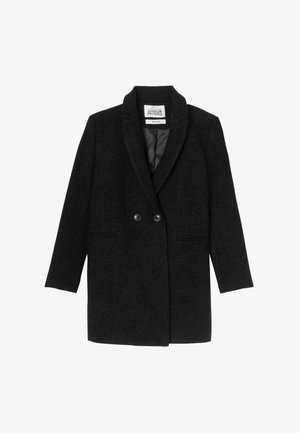 Blazer noir en mélange de laine avec col châle, design double poitrine, deux poches avant et une doublure intérieure lisse.