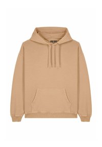 Felpa beige con cappuccio realizzata in tessuto morbido. Presenta una tasca a marsupio, polsini e vita a costine. L'etichetta riporta "MIRA PARIS."