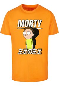 Narancssárga pamut póló, amelyen egy nyomtatott mesefigura látható, felette a "MORTY" felirattal és alatta japán szöveggel.