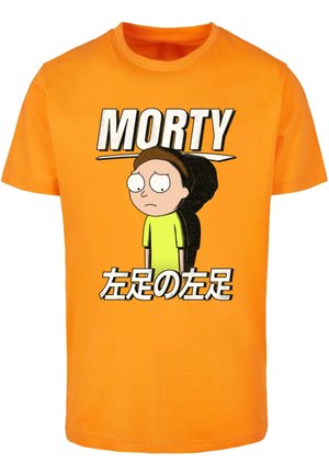 Oranje katoen t-shirt met een afdruk van een cartoonfiguur met het woord "MORTY" erboven en Japanse tekst onder het figuur.