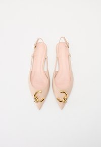 Beige slingback flate med spiss tå, glatt skinnmateriale og en gullhardwaredetalj på vampen. Justerbar ankelreim inkludert.