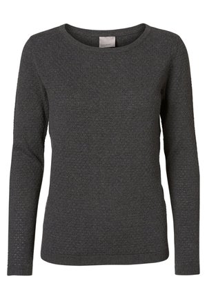 Suéter de manga larga gris oscuro con un patrón de punto texturizado y un escote redondo. El dobladillo y los puños acanalados añaden un detalle adicional.