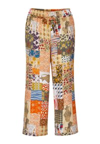 Multicolored patchworkbroek met verschillende patronen, een elastische tailleband en een trekkoord voor een verstelbare pasvorm. Zacht materiaal en wijd gesneden benen.