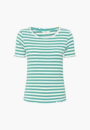 Krátky rukáv rebrované pletené tričko s horizontálnymi bielymi a tyrkysovými pruhmi, volánikové lemy na rukávoch, výstrihu a spodnom okraji.