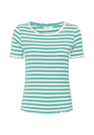 Chemise en maille côtelée à manches courtes avec rayures horizontales blanches et turquoise, bords froncés aux manches, à l'encolure et à l'ourlet.