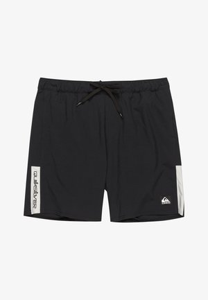 Black swim shorts with an elastic waistband and drawstring, featuring a white accent panel and logo on the left side. Lightweight fabric.