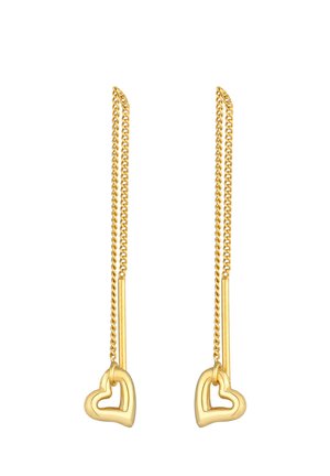 Pendientes en tono dorado con un diseño de cadena que presenta dos acentos en forma de corazón, uno más pequeño dentro de un corazón más grande, que muestra un acabado pulido.