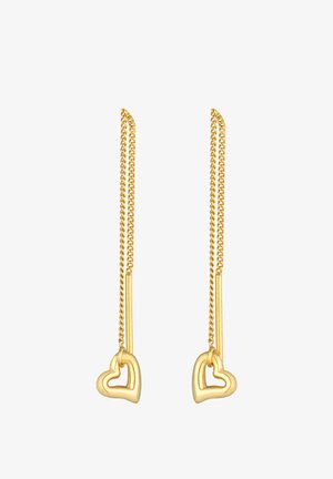 Pendientes en tono dorado con un diseño de cadena que presenta dos acentos en forma de corazón, uno más pequeño dentro de un corazón más grande, que muestra un acabado pulido.