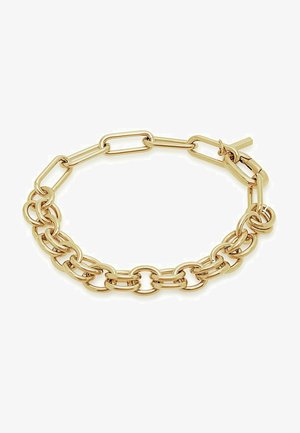 Bracciale in oro con maglie ovali e tonde alternate, finitura lucida e un fermaglio sicuro. Texture liscia con una lucentezza uniforme.