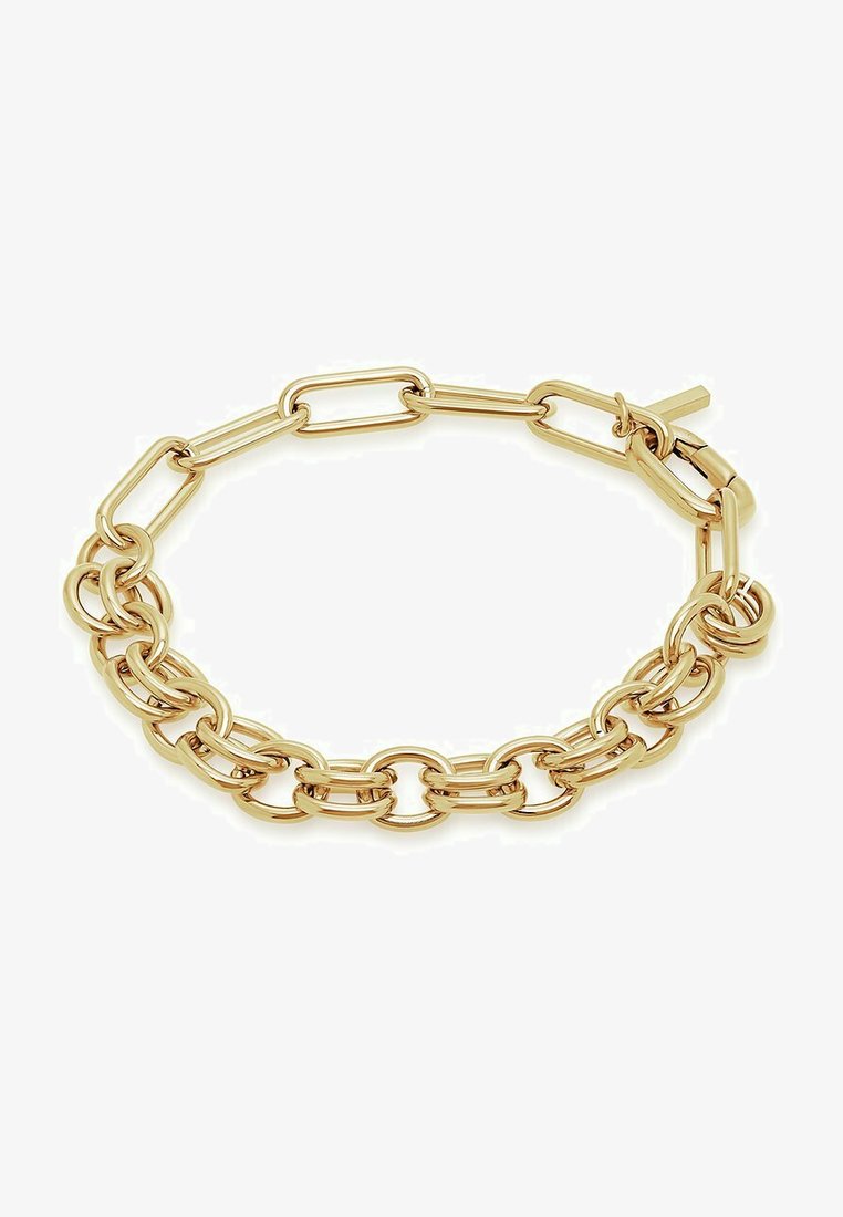 Bracciale in oro con maglie ovali e tonde alternate, finitura lucida e un fermaglio sicuro. Texture liscia con una lucentezza uniforme.