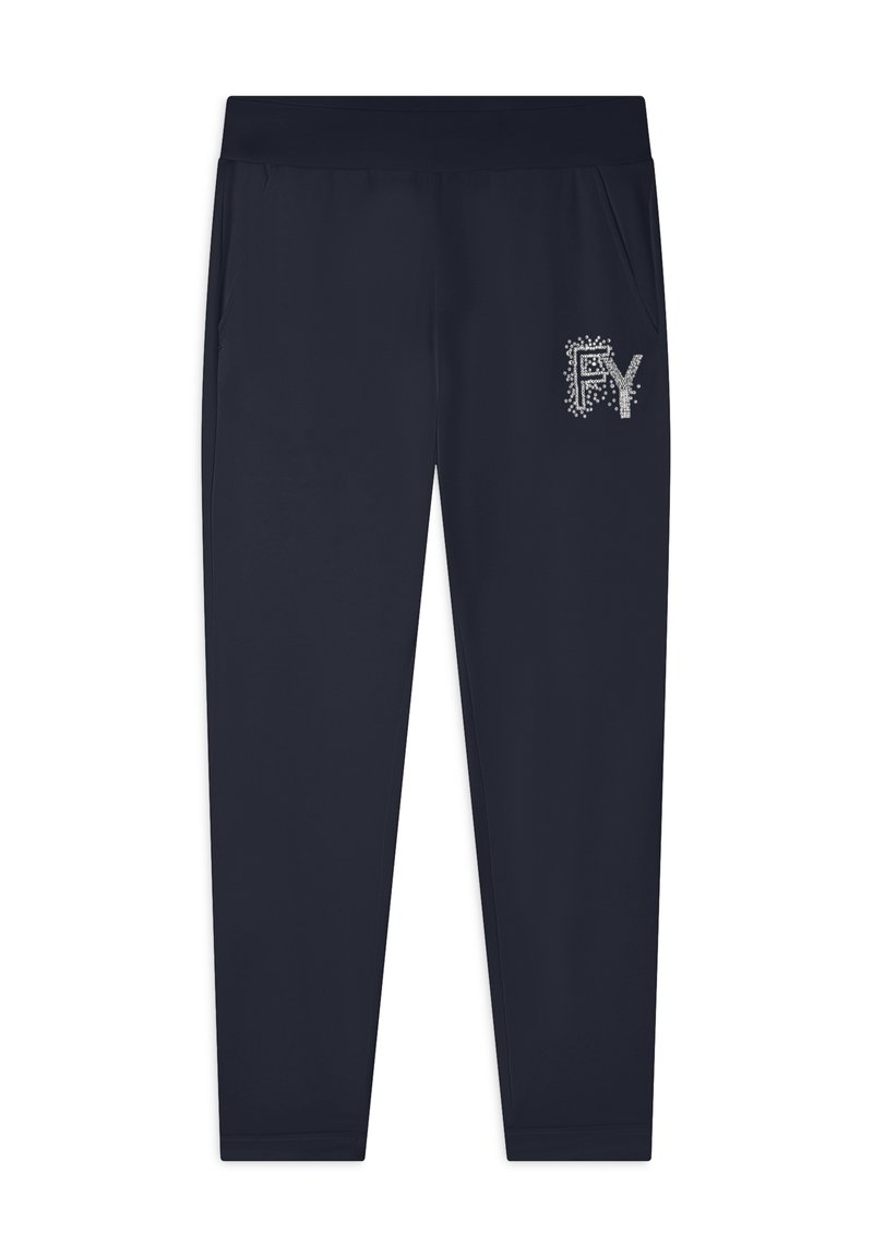 Pantalones de chándal en color navy, confeccionados con una tela suave, que cuentan con bolsillos laterales y un logo decorado con rhinestones en el muslo izquierdo.