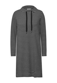 Gestreiftes Hoodie-Kleid in Grau und Schwarz. Mit einem Kapuzenkragen und schwarzen Kordeln. Lange Ärmel, lockere Passform und strukturierter Stoff.