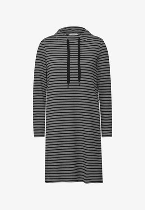 Stripet hættetrøje kjole i grå og sort. Har en cowl hals med sorte snore. Lange ærmer, løs pasform og struktureret stof.