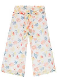 Pantalones de pierna ancha florales en tela blanca, con patrones de flores en rosa, amarillo y azul. El detalle de la cinturilla atada realza el diseño.
