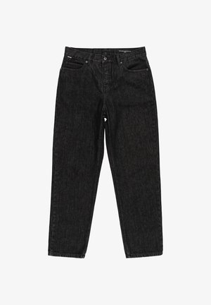 Jeans en denim noir au fit décontracté, avec un design à cinq poches, une taille standard et une finition texturée subtile.