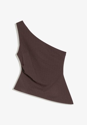 Asymmetrical brown top with pinstripes, featuring a single shoulder design and a tapered shape, made of textured fabric with a side seam zipper.