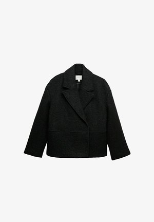 Geknipte zwarte wolmix jas met een pieklapel, brede mouwen en een minimalistisch ontwerp. Heeft zichtbare naadlijnen aan de voorkant.