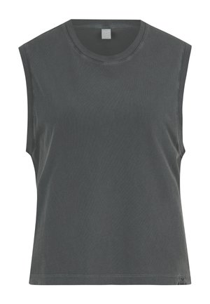 Sleeveless dark gray crew neck tank top with wide shoulder coverage and straight hem, made of soft cotton fabric.