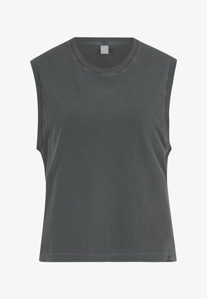 Sleeveless dark gray crew neck tank top with wide shoulder coverage and straight hem, made of soft cotton fabric.