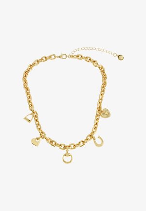 Gouden ketting met decoratieve bedels: een hart, een slot en een hoefijzer, met een kreeftsluiting en een verstelbare ketting.