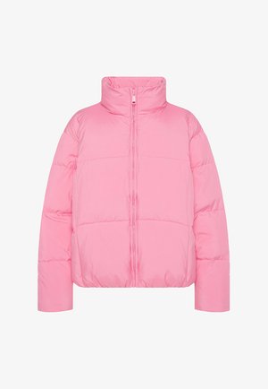 Pink puffer jacket with a high collar, full front zipper, and cropped sleeves. Features quilted sections for insulation and smooth texture.