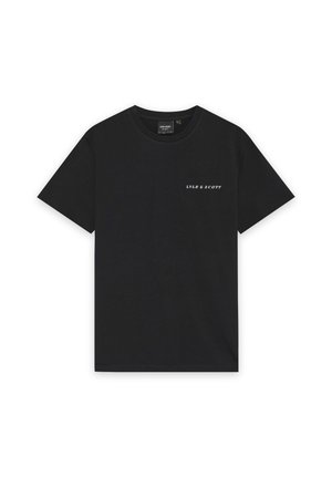 T-shirt in cotone nero con maniche corte, collo girocollo e un piccolo logo bianco "Lyle & Scott" stampato sul petto. Texture morbida.