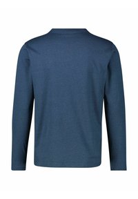 Langarmshirt aus dunkelblauem Stoff, mit einem Rundhalsausschnitt, strukturierter Oberfläche und geradem Schnitt am Saum ohne sichtbare Logos oder Designs.