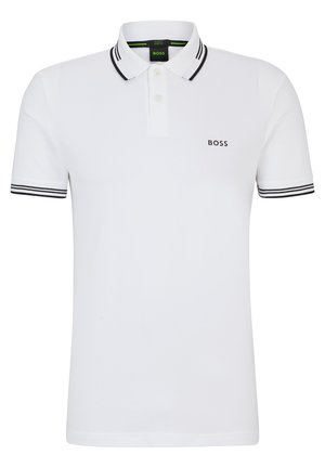 White polo shirt made of cotton, featuring a black striped collar and cuffs. Includes three buttons and a small black "BOSS" logo on the chest.