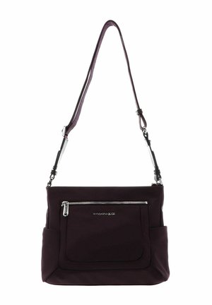 Sac à bandoulière violet foncé avec sangle réglable, poche zippée à l'avant, poches latérales et logo argenté Mandarina Duck.