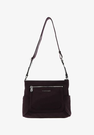 Sac à bandoulière violet foncé avec sangle réglable, poche zippée à l'avant, poches latérales et logo argenté Mandarina Duck.