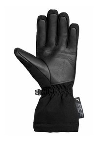 Schwarze Lederhandschuhe mit einer weichen, strukturierten Oberfläche. Verfügt über fünf Finger, einen wasserdichten Bund und einen verstellbaren Handgelenkriemen für einen sicheren Sitz.