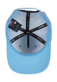 Vaaleansininen lippalakki, jossa on muotoiltu etuosa, verkko tausta ja musta sisustuskangas, jossa on logo-tunnisteet ja ompeluyksityiskohdat.